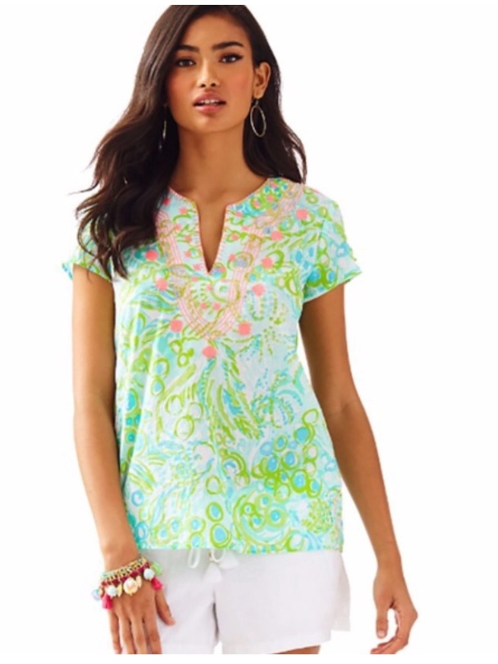 Lilly Pulitzer Green and Blue Cap Sleeve Blouse, S, 18” PTP, 24” L